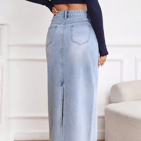 Blue Casual Womens High Waist Split Back Straight Denim Skirt - Picture 3 of 5